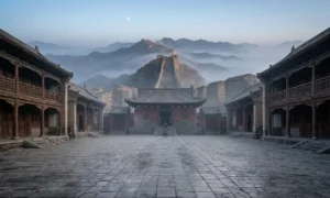 Empty stone courtyard at Shaolin Monastery in early morning mist, surrounded by traditional temple buildings. - The Path of Internal Architecture - 2