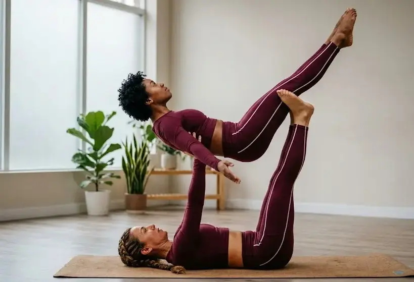 Acro yoga base supports flyer with aligned legs and core engagement, burgundy outfits on cork mat in soft neutral studio lighting. -Acro Yoga. -1