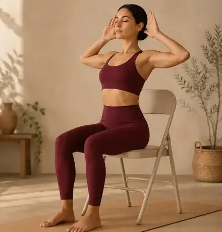 Woman in burgundy outfit performing chair yoga, seated upright, hands by head, feet grounded, stable posture in soft-lit studio. -Chair Yoga. -1