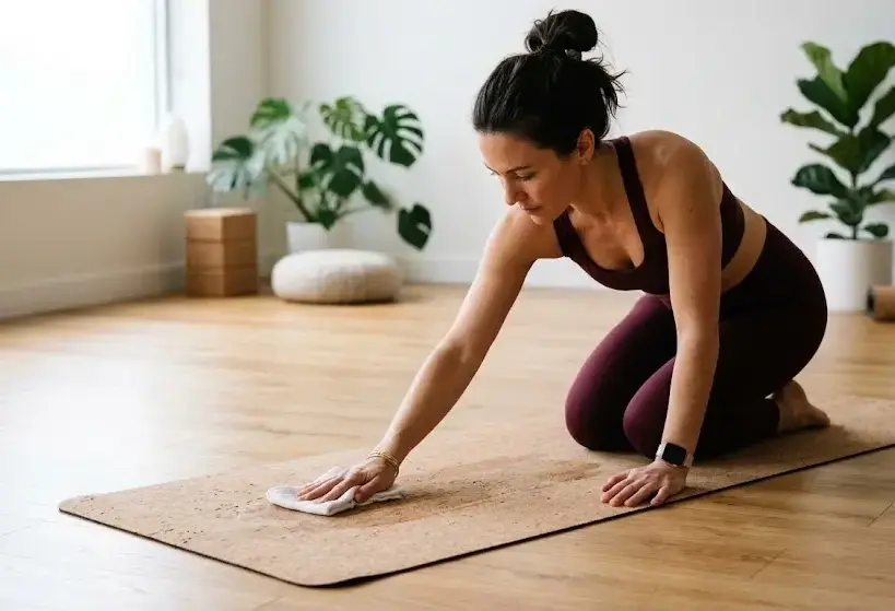 Woman in burgundy yoga wear cleans cork light brown mat with damp cloth, controlled wiping in calm neutral studio, even grip surface. -How to Clean a Yoga Mat. -1