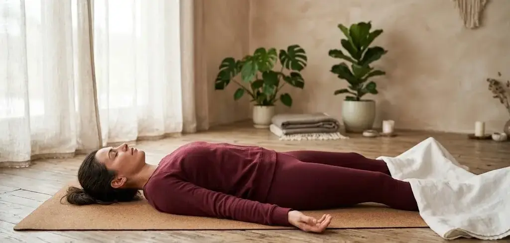 Woman in burgundy outfit lies in Yoga Nidra on cork mat, arms relaxed, palms up, neutral spine, soft light studio, calm stillness. -Yoga Nidra. -1