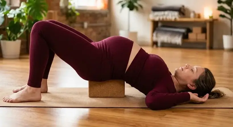 Pregnant woman in burgundy outfit doing supported bridge pose, hands near ears, knees aligned, on light brown mat in calm studio. -Prenatal Yoga. -1