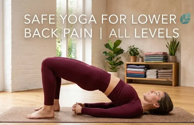 Woman in burgundy outfit performs bridge pose on brown mat in calm studio, demonstrating safe yoga for lower back pain all levels. -Yoga for Lower Back Pain All Levels. -1
