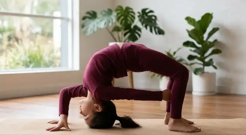 Child in burgundy outfit doing bridge pose with hands by ears on light brown mat, aligned knees and stable lift in calm studio. -Yoga for Kids. -1