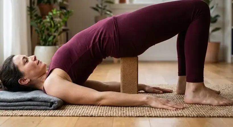 Woman in burgundy performing supported Bridge Pose for yoga for sciatica, feet grounded, palms by ears, hips lifted, stable spine. -Yoga for Sciatica. -1