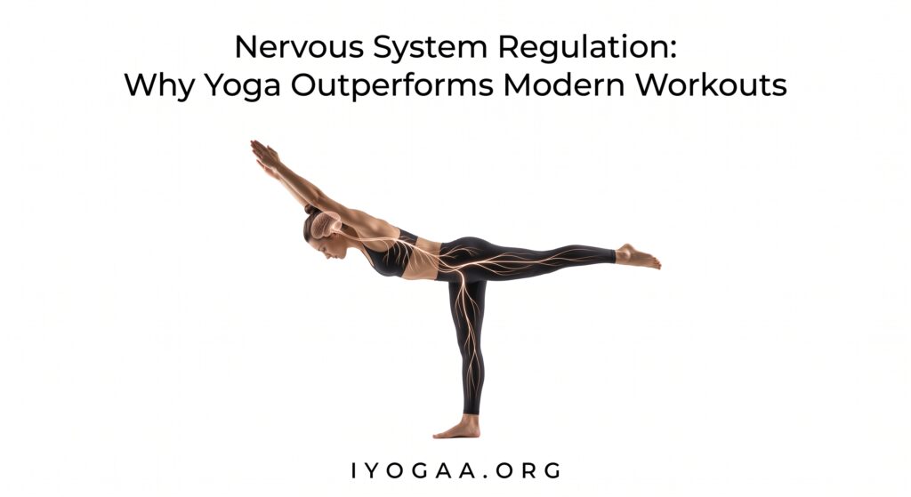 Women in Virbhadrasana 3 Warrior Pose with nervous system regulated